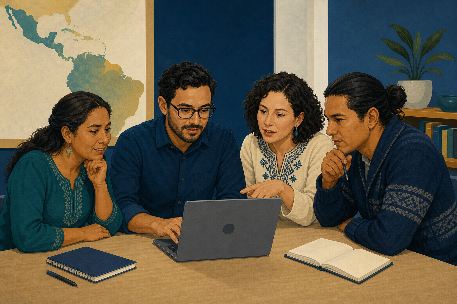 Cuatro participantes reunidos presencialmente alrededor de un computador compartido.